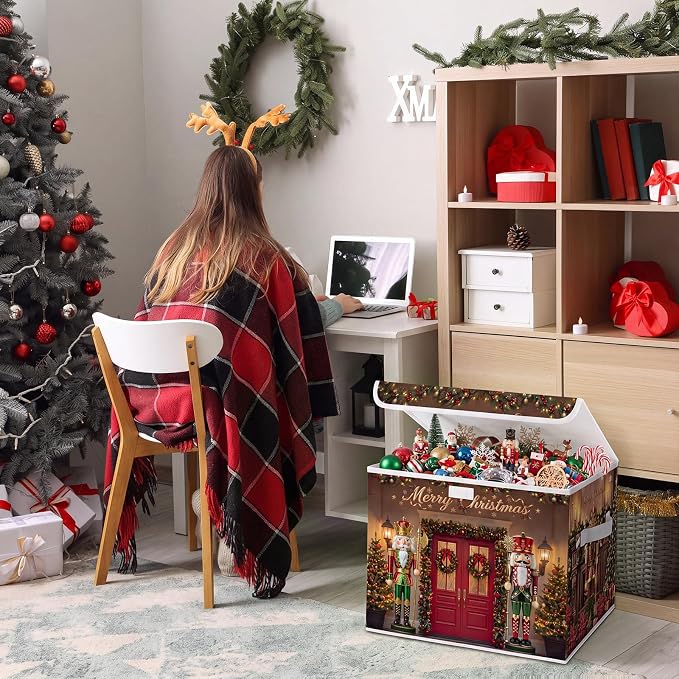 Briwooody Christmas Nutcracker Storage Bin with Lid and Carrying Handle Red Christmas Storage Box Large Xmas Nutcracker Decorative Collapsible Container Basket for Organizing Closet Home Bedroom Gift