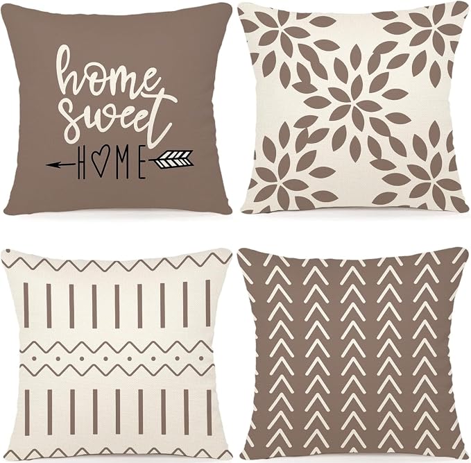 YCOLL Pillow Covers 18x18 Set of 4, Modern Sofa Throw Pillow Cover, Decorative Outdoor Linen Fabric Pillow Case for Couch Bed Car, Khaki