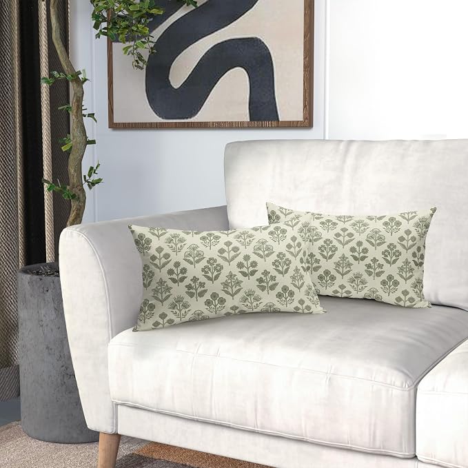 Sage Green Floral Pillow Covers 12x20 Inch Set of 2, Block Print Lumbar Flower Cream Decorative Throw Pillowcases Outdoor Farmhouse Rectangle Cushion Covers Spring Summer Sofa Couch Bed Decor