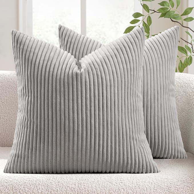 MIULEE Decorative Corduroy Throw Pillow Covers Set of 2 18x18 Silver Grey | Soft Striped Textured Cushion Cases, Boho Square Pillowcases Neutral Home Decor, for Couch Chair Sofa Bed Living Room