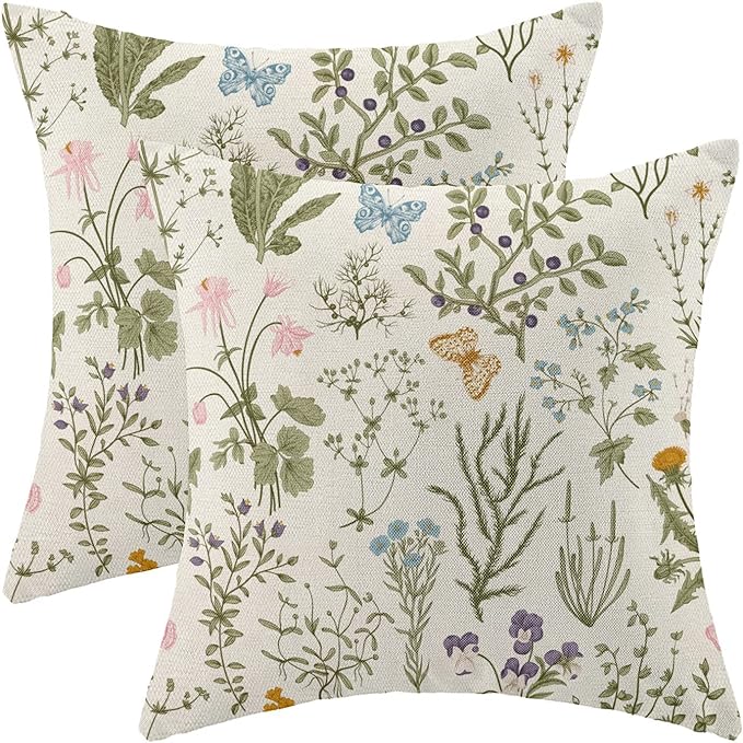 AEIOAE Spring Sage Green Wild Flower Pillow Covers 20x20 Set of 2 | Plant Throw Pillows Case,Seasonal Floral Outdoor Decorative Linen Farmhouse Decor Cushion Covers for Home Sofa Bed Couch