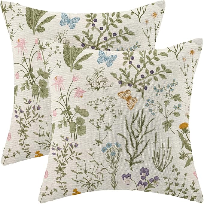 AEIOAE Spring Pillow Covers 24x24 Inch Set of 2,Sage Green Wild Flower Plant Throw Pillows Case,Seasonal Floral Outdoor Decorative Square Linen Farmhouse Decor Cushion Covers for Home Sofa Bed Couch