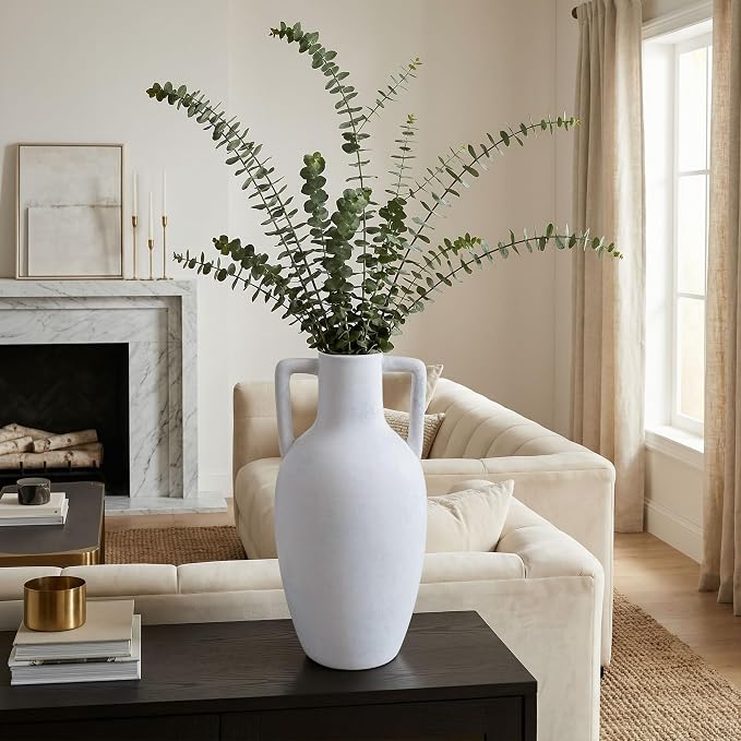 Ceramic Flower Vase with Handles, 12.8 inch Tall Ceramic Vase Farmhouse Rustic Vases Decorative Pottery Vases Large Floor Vase for Home Decor Living Room Table Bookshelf Centerpiece Fireplace, White