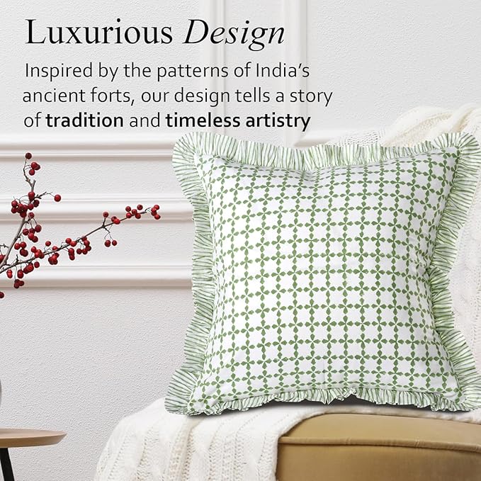 CPC Kelly Green Hand Block Print 100% Cotton Ruffle Throw Pillow Cover 18x18 inch with Hidden Zipper Decorative for Couch, Bed, Sofa, Farmhouse, Cottagecore Decor Gift Christmas Fall Thanksgiving