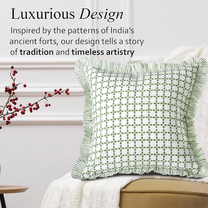 CPC Kelly Green Hand Block Print 100% Cotton Ruffle Throw Pillow Cover 24x24 inch with Hidden Zipper Decorative for Couch, Bed, Sofa, Farmhouse, Cottagecore Decor Gift Christmas Fall Thanksgiving