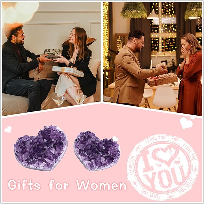 ZHIYUXI Heart Shaped Amethyst Crystals and Healing Stones Heart Gems Valentines Day Gifts for Women Purple Room Decor Cluster Heart Gifts Stones Rocks Gemstones Geodes 1.2-1.6" Raw Protection Crystals