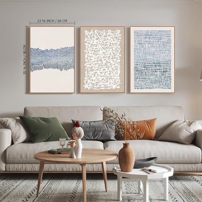 SAFERRYHOME Blue Neutral Contrast Abstract Boho Wall Art,3 Panels 24"x36" | Modern Abstract Framed Canvas Print Set, Mid Century Modern Minimalist Lines Geometric Pattern for Living Room,Bedroom,Office