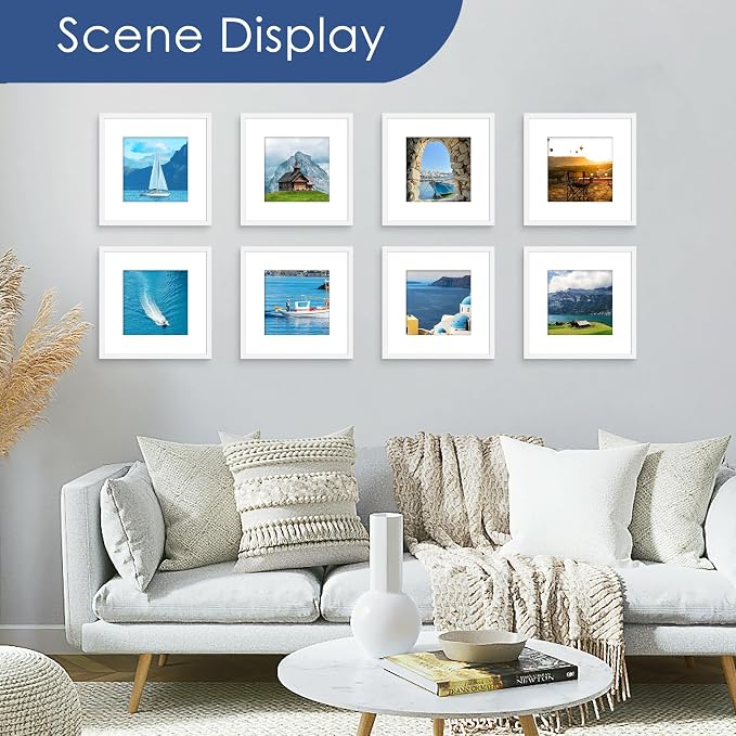 12x12 Picture Frame Set of 6, Wall Mount Display, White | Display Pictures 8x8 with Mat or 12x12 Without Mat, Horizontal or Vertical, Gallery Wall Frame Set, Wedding Birthday Gifts