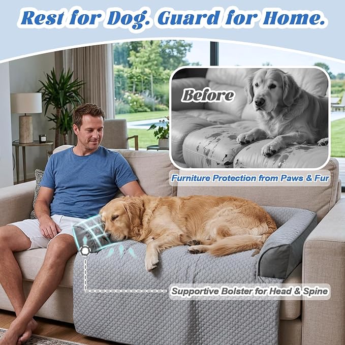 GGIB Cooling Dog Bed Mat with Bolster Pillow Washable Dog Couch Cover Breathable Summer Pet Couch Bed Protector Indoor(Medium, Cooling Grey)