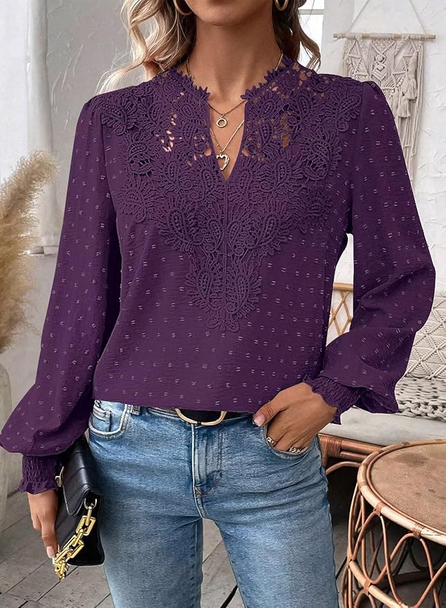 Womens Tops Swiss Dot Boho Long Sleeve Shirts V Neck Casual Chiffon Blouses Flowy Lace Hem Cute Clothing Trendy 2026
