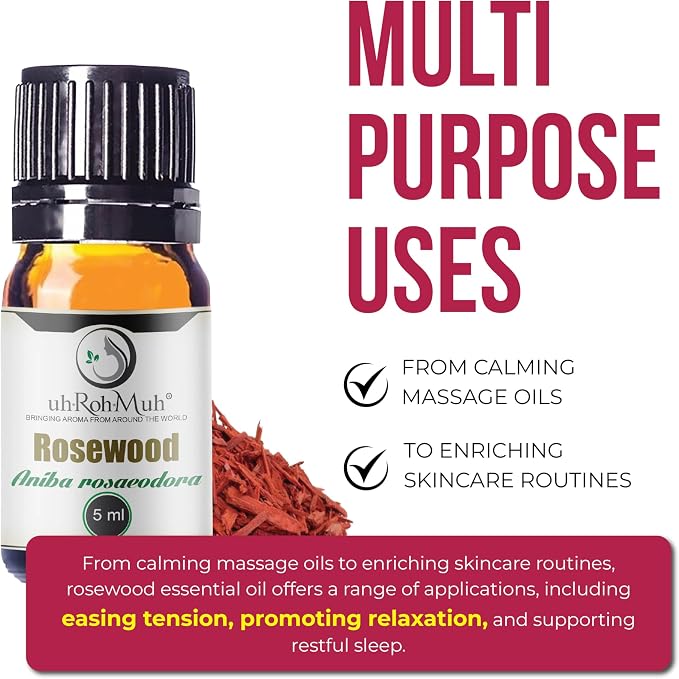 Rosewood Essential Oil (Bois de Rose) 100% Pure Steam Distilled Oil from Aniba rosaeodora Wood – Aromatherapy, Diffuser, Skincare, Massage, DIY Perfumes, Natural Fragrance | Peru | 5ml