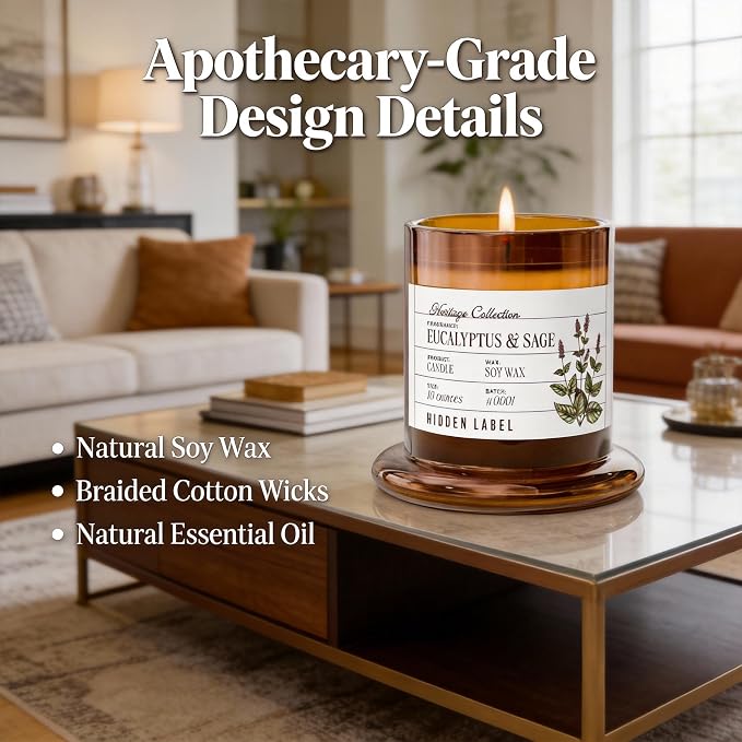 Hidden Label Eucalyptus & Sage Candle, 10oz Soy Bell Jar, 55H Aromatherapy | 60 Hours Burn | Mountain Fresh Essential Oils | Non Toxic Plant Wax | Clear Glass Dome Home Decor | Focus & Wellness Gift