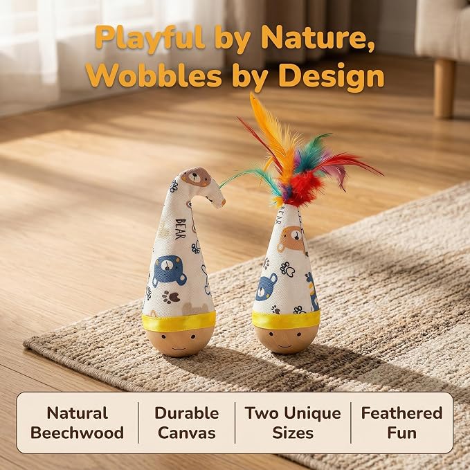 Natural Beechwood Cat Toy, 2-Pack Weeble Wobble Tumbler Toy for Indoor Cats & Small Dogs, Self-Righting Interactive Toy with Colorful Feathers, Silent Battery-Free Play for Solo Exercise