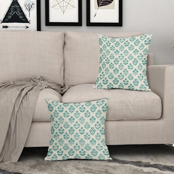 Teal Floral Pillow Covers 20x20 Inch Set of 2, Vintage Flower Block Print Pattern Decorative Throw Pillowcases Outdoor Farmhouse Cushion Covers Spring Summer Rustic Sofa Couch Bed Decor
