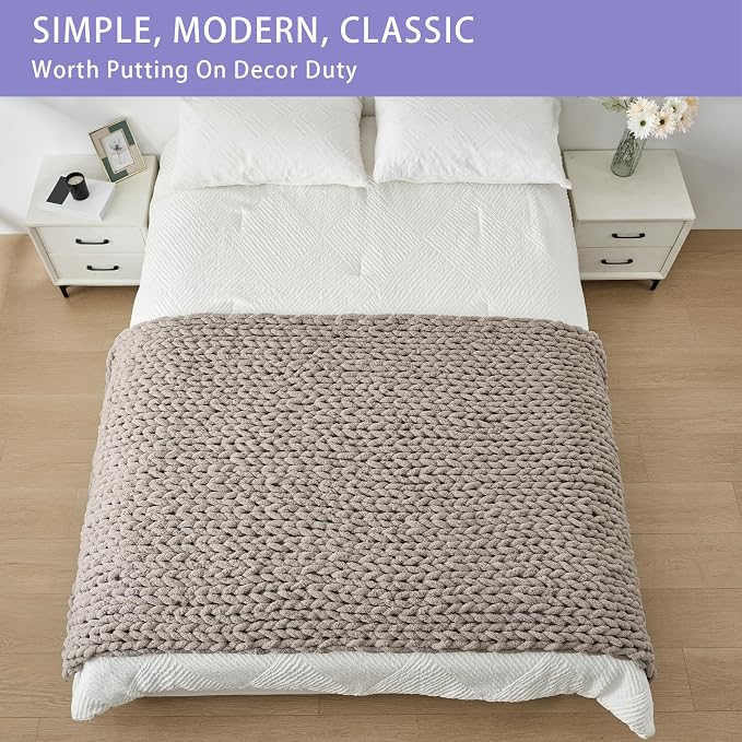 Bigacogo Chunky Knit Throw Blanket for Couch, 40x80 inches, Taupe | Hand Knit with Jumbo Chenille, Soft Breathable Cable Knit for Sofa Bed Living Room, Machine Washable, Gift for Mom Friend