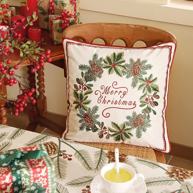 French Chrismas Velvet Throw Pillow Cover,Set of 2,18"x18"-Carol A | Vintage Square Pillow Cover,Concealed Zipper Design,Pinecones Pattern,Sofas,Bedroom,Living Room,Lounge Chairs,Decor