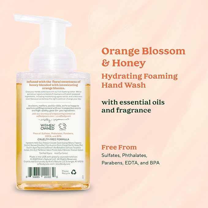 SoF Hydrating Foaming Hand Wash - With Organic Agave Nectar & Coconut Oil- Vegan & Non GMO- Free From Phthalates, Sulfates & Parabens- Orange Blossom & Honey - 8 oz Bottle 3 Pack