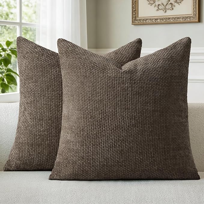 a moment Dark Brown Chenille Throw Pillow Covers 18x18 Inch Pack of 2 Modern Decorative Throw Pillow Covers Farmhouse Cross Covers Home Decor for Sofa Bedroom Living Room