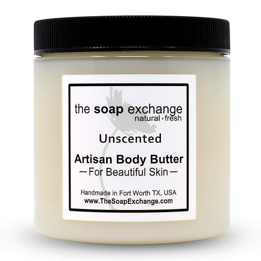 The Soap Exchange Body Butter - Unscented Fragrance Free - Hand Crafted 8 fl oz / 240 ml Natural Artisan Skin Care, Shea Butter, Aloe Vera, Nourish, Moisturize, & Protect. Made in the USA.