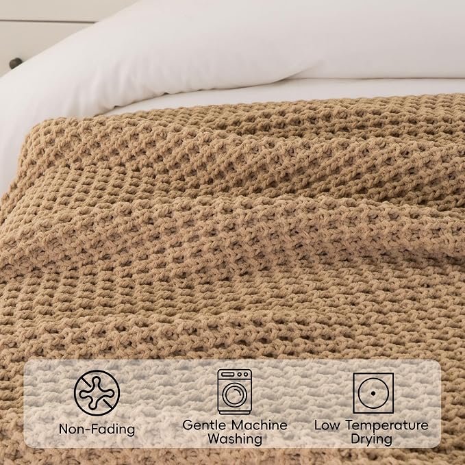 Beige Throw Blanket for Couch, Tan Waffle Knitted Throw Blankets 60"x80" | Farmhouse Throw Blanket for Home Decor, Neutral Knitted Beige Blanket, Decorative Soft Chunky Chenille Throw for Bed Sofa