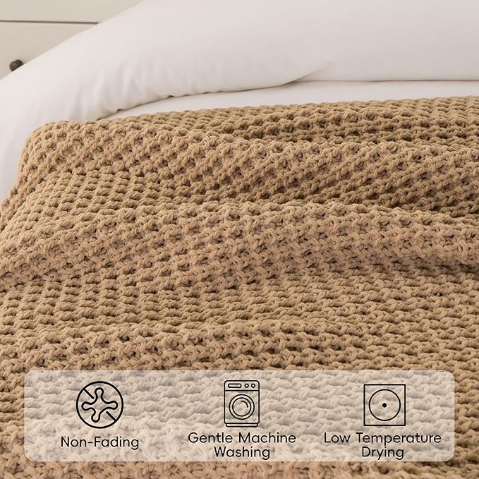 Beige Throw Blanket for Couch, Tan Waffle Knitted Throw Blankets 50"x60" | Farmhouse Throw Blanket for Home Decor, Neutral Knitted Beige Blanket, Decorative Soft Chunky Chenille Throw for Bed Sofa
