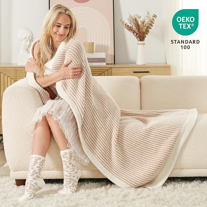 Snuggle Sac Fluffy Bedding Blanket Twin Size, Soft Luxurious Knit Throws, Fuzzy Microfiber Blankets for Couch, Sofa, Bed, Cream Beige, 60x80 inches