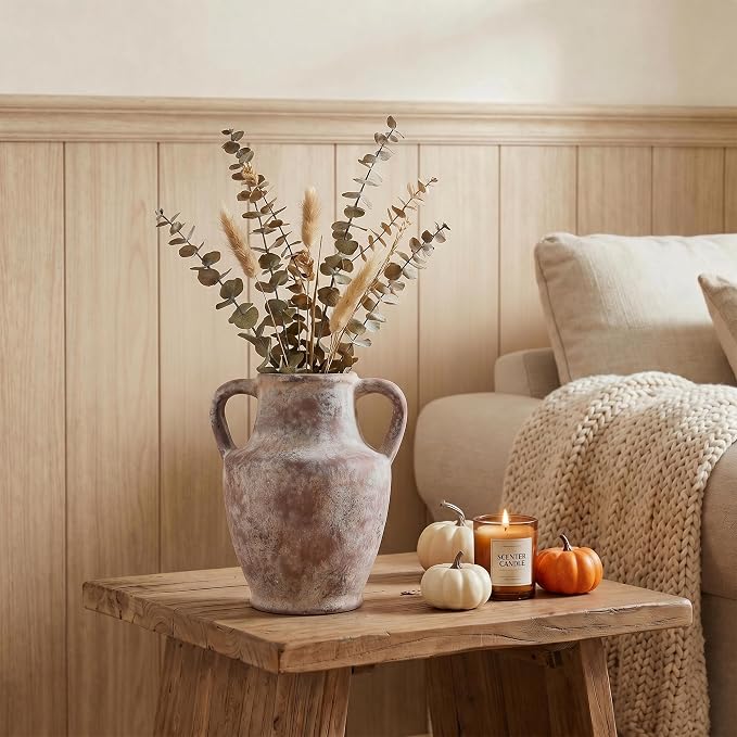 Ceramic Flower Vase with Handles, 8.66 inch Tall Clay Decorative Vases Farmhouse Rustic Vases Pottery Vases for Home Decor Living Room Table Centerpiece Bookshelf Coffee Desk Fireplace, Terracotta