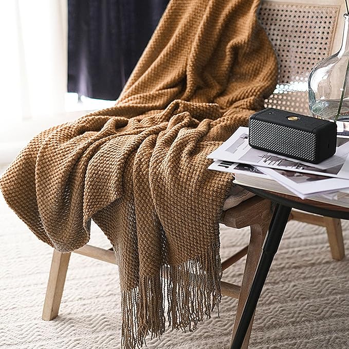 LOMAO Knitted Throw Blanket with Tassels Bubble Textured Lightweight Throws for Couch Cover Home Decor (Khaki, 60x80)