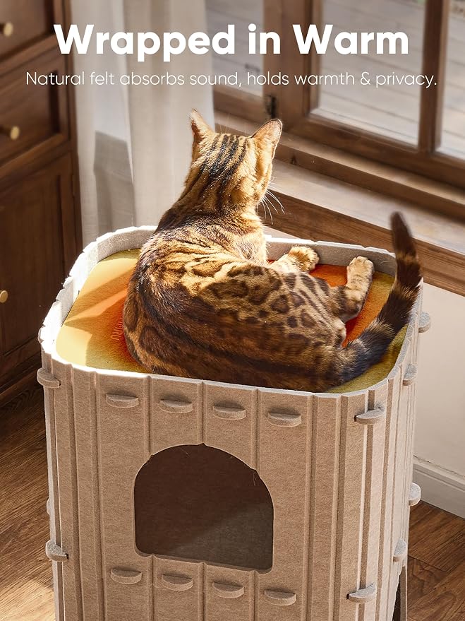 FUKUMARU Cat House for Indoor Cats, Warm Felt Cat Bed, Scratch Resistant | Large Cat Bed Cave, 3-in-1 Cat Condo, Cozy Felt Covered Cats Tunnel, 23.62 Inch Kitten Hideaway for Multicats, Beige