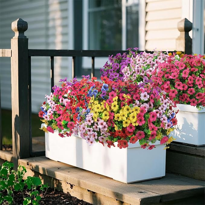 24 Pcs Artificial Flowers for Outdoors Decorations, Purple | Lifelike silk flowers, UV resistant, faux plastic plants, for garden porch window table vase home indoor outdoor decor