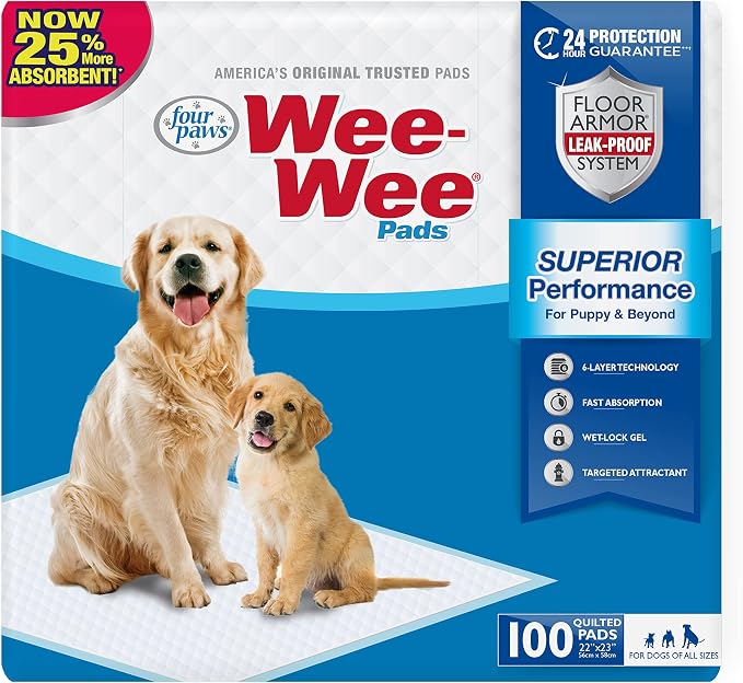 Four Paws Wee-Wee Superior Performance Dog Pee Pads, 100 Count | Quilted leak-proof puppy pads, dog housebreaking & potty training, 24-hour floor protection, pet supplies, 22" x 23"