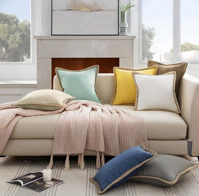 Phantoscope Farmhouse Solid Throw Decorative Pillow Cover Burlap Linen Trimmed Tailored Edges Outdoor Pillow Oatmeal 1 Pack 20 x 20 inches, 50 x 50 cm