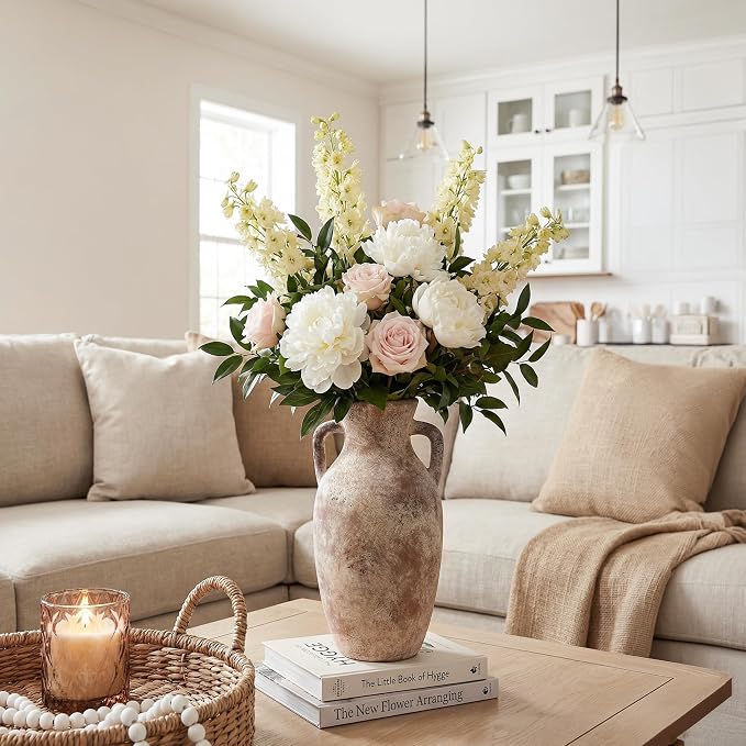 Ceramic Flower Vase with Handles,12" Neutral Tall Clay Terracotta Vases Farmhouse Table Vases with Handle Living Room Decor Rustic Pottery Pots for Home Shelf Coffee Dining Desk Fireplace