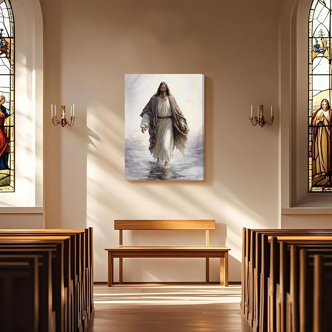 Framed Jesus Christ Wall Art Jesus Walking On Water Canvas Wall Art Christian Painting Prints Biblical Wall Decor Religious Room Decor for Church Prayer Room Christian Schools Hospitals 12" x 16"