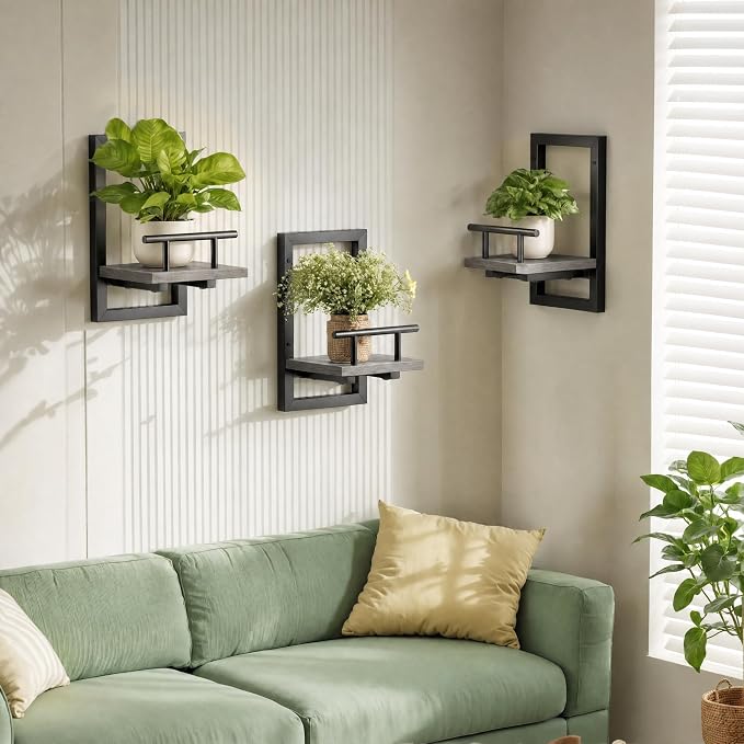 Sbosbo Floating Shelves for Wall Plant Shelf Indoor Wall Mounted Shelves | Wall Planters for Indoor Floating Plant Shelves for Bedroom, Living Room, Kitchen, Office, Bathroom Decor (Grey, 3 Pack)