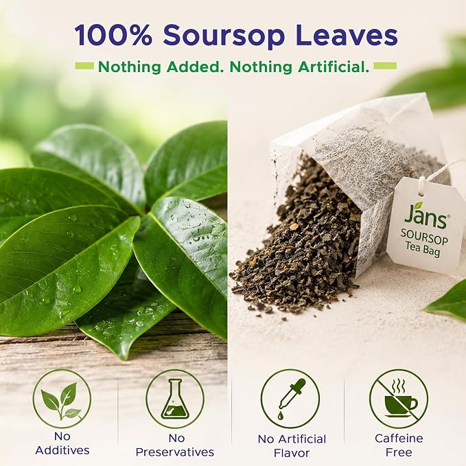 Jans Soursop Tea Bags 50 Count (2 Pack of 25) | 100% Natural Soursop Leaves | Caffeine Free Sour Sop Tea | Vegan Herbal Tea | Individually Wrapped Tea Bags | Cholesterol Free Sugar Free Relaxation Beverage