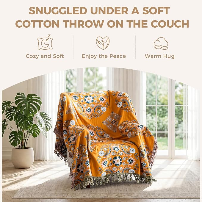 LUTBM Boho Throw Blanket for Bed 60"x80", 100% Cotton Yellow Couch Blankets | Reversible Floral Jacquard, Soft All-Season Twin Quilt, For Chair Sofa Living Room Decor, Lightweight Breathable, Women Gift