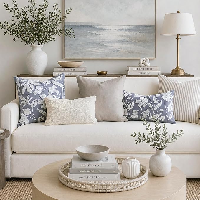 Decorative Lumbar Pillow Cover 12x20, Coastal Dusty Blue Accent Velvet Throw Pillowcase for Couch Sofa Living Room, Floral Tufted Rectangular Cushion, Cover Only