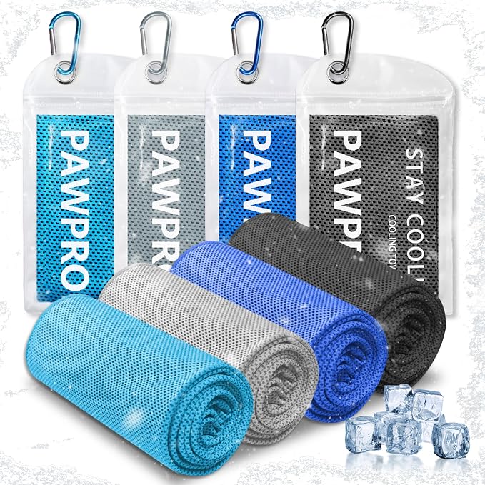 PAWPRO 4 Packs Cooling Towels for Neck and Face, Soft Breathable Gym Towels with Waterproof Bag & Carabiner, Multi-Colored Sweat Towels for Gym, Running, Yoga (Light Blue/Royal Blue/Black/Grey)