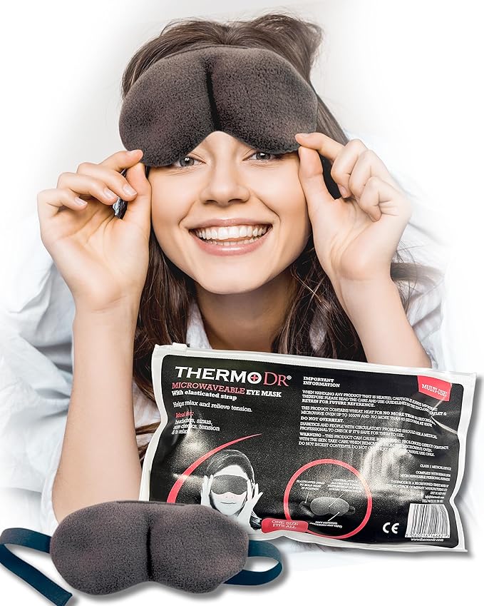 Microwavable Heated Eye Mask for Dry Eyes - Warm Eye Compress with Soft Fleece, Cleaned Wheat & Elasticated Strap - Relaxing Hot Eye Compress for Headaches, Sinus, Sore Cheeks, Tension