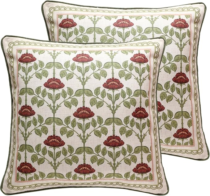 Elegant French Linen Throw Pillow Cover,Set of 2,18"x18"-Estonia D | Designer Vintage Square Pillow Cover,Concealed Zipper Design,Floral Pattern,Sofas,Bedroom,Living Room,Lounge Chairs