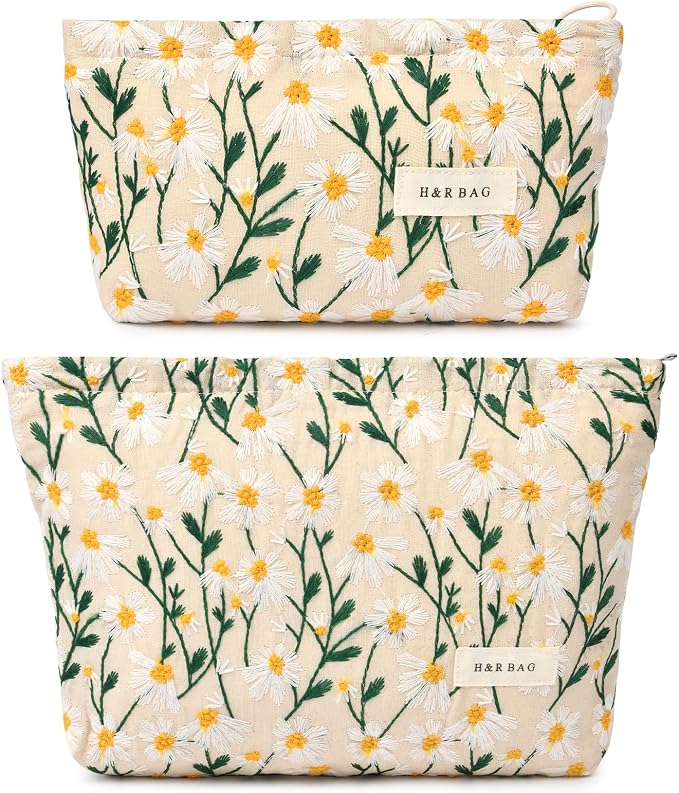 SOIDRAM 2 Pcs Makeup Bag Large Cosmetic Bag Toiletry Bag Makeup Pouch Travel Bag Organizer Cute Makeup Brushes Aesthetic Accessories Storage Bag for Women Daisy Embroidery
