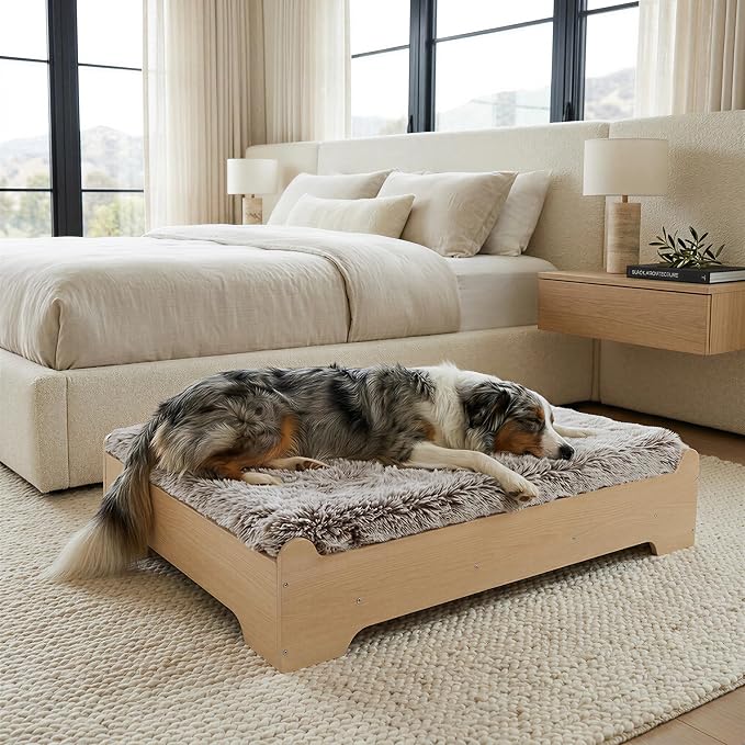 Elevated Wood Dog Bed Frame with Foam Mattress, WoodPattern, L | Raised Dog Bed with Washable Cover, Furniture-Style Design for Indoor Living