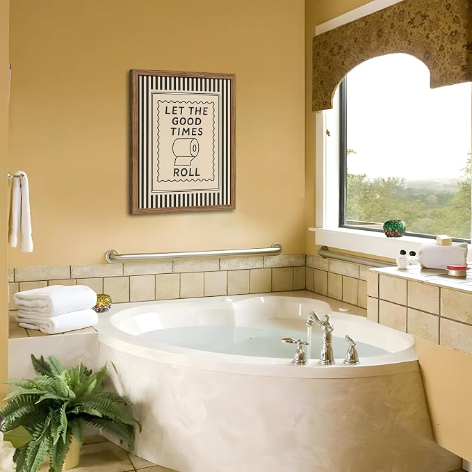 Framed Let The Good Times Roll Bathroom Print, Vintage Funny Toilet Quote Canvas Wall Art, Stripes Bathroom Picture Poster, Downstairs Toilet Painting Wall Decor 12x16 inch