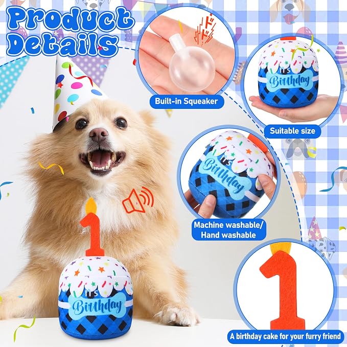 Dansydaisy Dog Birthday Cake Toy Squeaky Plush Gift,1st,Blue Grid