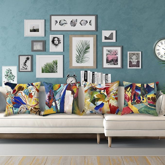 Wassily Kandinsky Abstract Pillow Covers 18x18 Inch Set of 4 Landscape with Two Poplars The Waterfall Painting Decorative Cushion Covers for Sofa Couch