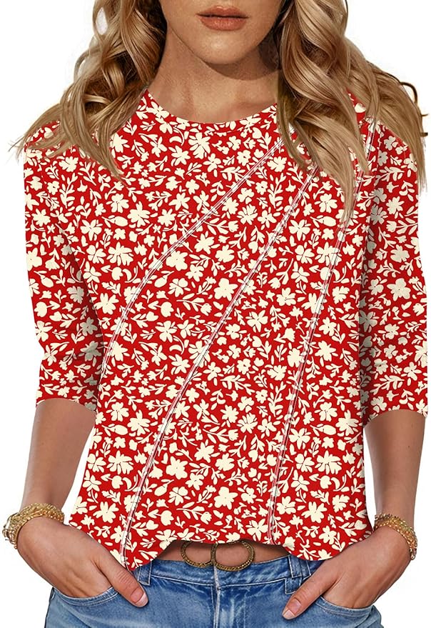LOMON 3/4 Length Sleeve Womens Tops Spring Summer Fashion 2026 Tops Crew Neck Pleated Shirts Tunic Top Loose Fit
