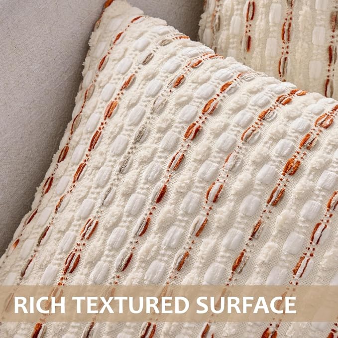 ANRODUO Boho Decorative Throw Pillow Covers Cream Rust 18x18 Inch Set of 2 | Chenille Tufted Pillow Covers, Woven Throw Pillow Covers with Raised Stripes, Neutral Pillowcase for Couch Sofa Living Room