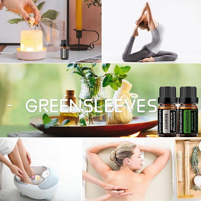 GREENSLEEVES Jasmine Eucalyptus Essential Oil Set, 2 x 10ml Pure Plant-Based Fragrance Oil for Aromatherapy, Essential Oils for Diffuser, Massage, Bath Bomb, Scented Candle Soap Making