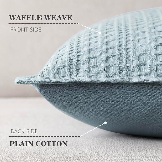 Foindtower Set of 2 Decorative Cotton Waffle Weave Throw Pillow Covers Euro Shams Cushion Covers Accent European Pillowcase for Bed Couch Sofa Bedroom Living Room Home Decor 18×18 Inch Light Blue